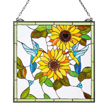 Stained Glass Window Panel, 20 x 20 in, Tiffany Style Hanging Transom Window Panel with Chain, Large Vertical Rectangle Stain Glass, Vintage Traditional Art Handcrafts for Kitchen Home Decor