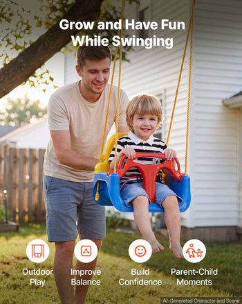 3-in-1 Baby Swing Seat 300 lbs Capacity Toddler Swing Red/Yellow/Blue, for Indoor & Outdoor Playground, with Adjustable Ropes and Snap Hooks, Snug & Secure Detachable Infants to Teens Kids Seat