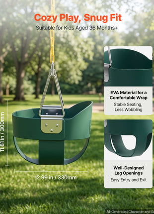 Toddler Swing 300 lbs High Back Full Bucket Baby Swing Seat Green, for Outdoor & Indoor Backyard Playground, Heavy-Duty Coated Chains and Carabiners, Fully Assembled Seat for Toddlers Age 3+