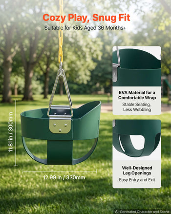 Toddler Swing 300 lbs High Back Full Bucket Baby Swing Seat Green, for Outdoor & Indoor Backyard Playground, Heavy-Duty Coated Chains and Carabiners, Fully Assembled Seat for Toddlers Age 3+