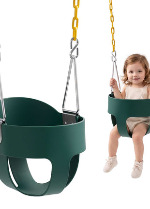 Toddler Swing 300 lbs High Back Full Bucket Baby Swing Seat Green, for Outdoor & Indoor Backyard Playground, Heavy-Duty Coated Chains and Carabiners, Fully Assembled Seat for Toddlers Age 3+
