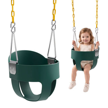Toddler Swing 300 lbs High Back Full Bucket Baby Swing Seat Green, for Outdoor & Indoor Backyard Playground, Heavy-Duty Coated Chains and Carabiners, Fully Assembled Seat for Toddlers Age 3+