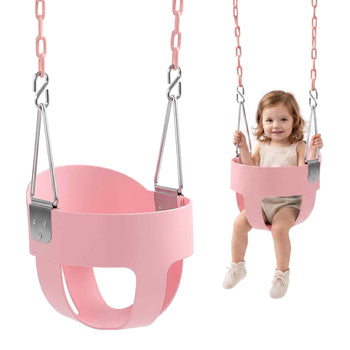Toddler Swing 300 lbs High Back Full Bucket Baby Swing Seat Pink, for Outdoor & Indoor Backyard Playground, Heavy-Duty Coated Chains and Carabiners, Fully Assembled Seat for Toddlers Age 3+