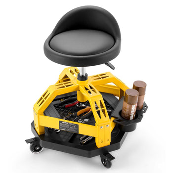 Rolling Shop Stool with Wheels, 19.7"-25.6" Adjustable Height, 360° Swivel, 330 lbs Capacity, Garage Work Mechanic Stool with Backrest, Tool Tray Storage, Padded Seat Shop Chair, Black/Yellow
