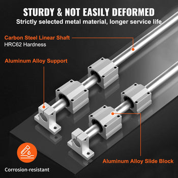 Sturdy carbon steel linear shaft with aluminum alloy support and slide block, corrosion-resistant, high durability.