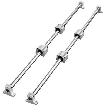 Set of two silver stainless steel linear motion guide rails with bearings for smooth sliding action.