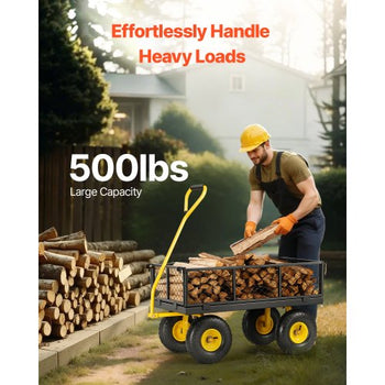 500 Lbs Steel Garden Cart, Heavy Duty Garden Wagon Cart Pullable on Wheels, Metal Yard Utility Wagon Carts with 10" All Terrain Tires, Mesh Removable Sides and 180°Rotating Handle