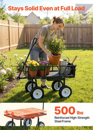 Garden Cart with Seat, 500 LBS, Rolling Steel Garden Work Seat with Wheels, Heavy Duty Gardening Stool, with Tool Tray & Adjustable Handle, Outdoor Yard Wagon, for Lawn, Patio, Backyard, Black