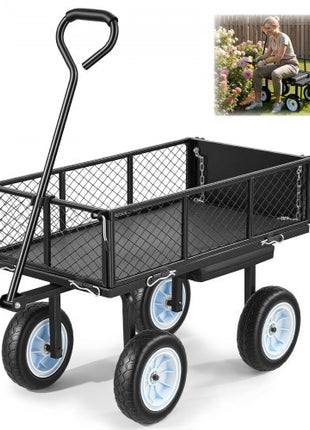Garden Cart with Seat, 500 LBS, Rolling Steel Garden Work Seat with Wheels, Heavy Duty Gardening Stool, with Tool Tray & Adjustable Handle, Outdoor Yard Wagon, for Lawn, Patio, Backyard, Black