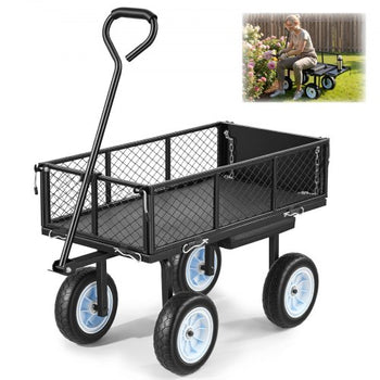 Garden Cart with Seat, 500 LBS, Rolling Steel Garden Work Seat with Wheels, Heavy Duty Gardening Stool, with Tool Tray & Adjustable Handle, Outdoor Yard Wagon, for Lawn, Patio, Backyard, Black