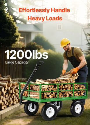 1200 Lbs Steel Garden Cart, Heavy Duty Pullable Garden Wagon Yard Cart, 2 in 1 Outdoor Metal Utility Wagon Yard Trailer with 13" All Terrain Tires, Mesh Removable Sides and 180°Rotating Handle