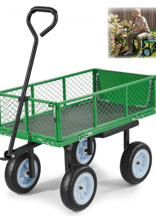 Garden Cart with Seat, 500 LBS, Rolling Steel Garden Work Seat with Wheels, Heavy Duty Gardening Stool, with Tool Tray & Adjustable Handle, Outdoor Yard Wagon, for Lawn, Patio, Backyard, Green