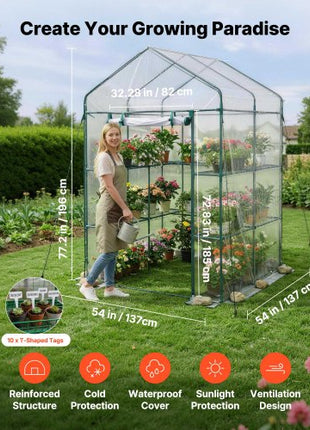 Walk-in Green House, 54 x 54 x 77.2 in, Greenhouse with Shelves, High Strength PE Cover with Zipper Door and Steel Frame, Assembly in Minutes, Suitable for Planting and Storage