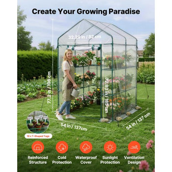 Walk-in Green House, 54 x 54 x 77.2 in, Greenhouse with Shelves, High Strength PE Cover with Zipper Door and Steel Frame, Assembly in Minutes, Suitable for Planting and Storage