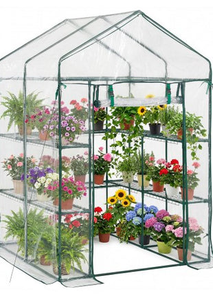 Walk-in Green House, 54 x 54 x 77.2 in, Greenhouse with Shelves, High Strength PE Cover with Zipper Door and Steel Frame, Assembly in Minutes, Suitable for Planting and Storage