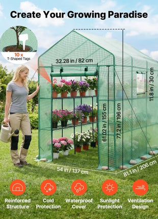Walk-in Green House, 54 x 81.1 x 77.2 in, Greenhouse with Shelves, High Strength PE Cover with Zipper Door and Steel Frame, Assembly in Minutes, Suitable for Planting and Storage