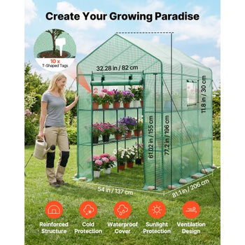 Walk-in Green House, 54 x 81.1 x 77.2 in, Greenhouse with Shelves, High Strength PE Cover with Zipper Door and Steel Frame, Assembly in Minutes, Suitable for Planting and Storage