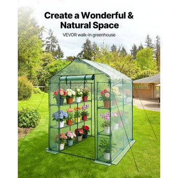 Walk-in Greenhouse, 55.5" x 56.1" x 78.7" Greenhouse for Outdoors with PE Cover, 2 Tiers 8 Shelves, Roll-Up Zipper Door, Walk in Green House, Portable Plant Garden Hot House for Backyard Outside