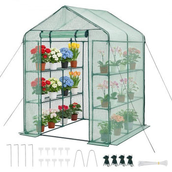 Walk-in Greenhouse, 55.5" x 56.1" x 78.7" Greenhouse for Outdoors with PE Cover, 2 Tiers 8 Shelves, Roll-Up Zipper Door, Walk in Green House, Portable Plant Garden Hot House for Backyard Outside