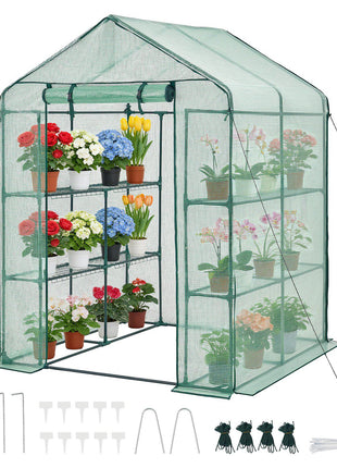 Walk-in Greenhouse, 55.5" x 56.1" x 78.7" Greenhouse for Outdoors with PE Cover, 2 Tiers 8 Shelves, Roll-Up Zipper Door, Walk in Green House, Portable Plant Garden Hot House for Backyard Outside