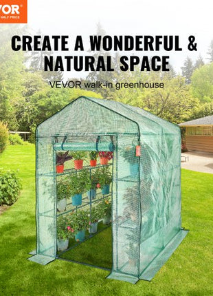 Walk-in Green House, 4.6 x 4.6 x 6.6 ft , Greenhouse with Shelves, High Strength PE Cover with Zipper Door and Steel Frame, Assembly in Minutes, Suitable for Planting and Storage