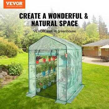 Walk-in Green House, 4.6 x 4.6 x 6.6 ft , Greenhouse with Shelves, High Strength PE Cover with Zipper Door and Steel Frame, Assembly in Minutes, Suitable for Planting and Storage