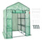 Green mesh pop-up greenhouse with steel frame, includes shelves, clips, stakes, and ties for secure setup.