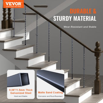 Staircase Metal Balusters, 44'' x 1/2" Galvanized Steel Decorative Banister Spindles, 10 Pack Deck Baluster with Hollow Single Baskets, Twists, Spiral Stair Railing w/ Shoes & Screws