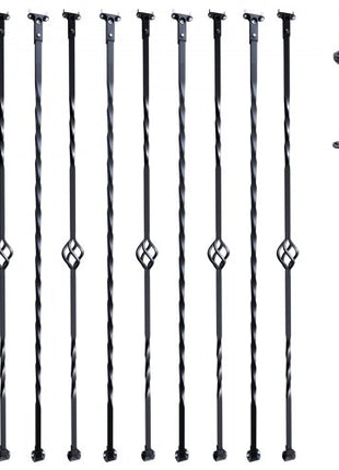 Staircase Metal Balusters, 44'' x 1/2" Galvanized Steel Decorative Banister Spindles, 10 Pack Deck Baluster with Hollow Single Baskets, Twists, Spiral Stair Railing w/ Shoes & Screws