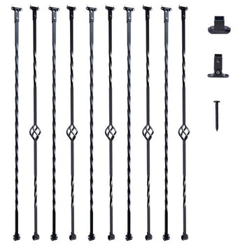 Staircase Metal Balusters, 44'' x 1/2" Galvanized Steel Decorative Banister Spindles, 10 Pack Deck Baluster with Hollow Single Baskets, Twists, Spiral Stair Railing w/ Shoes & Screws