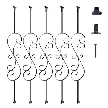 Staircase Metal Balusters, 44'' x 1/2" Galvanized Steel Decorative Banister Spindles, 5 Pack S Shape Deck Baluster, Hollow Satin Black Spiral Stair Railing with Shoes & Screws