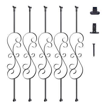 Staircase Metal Balusters, 44'' x 1/2" Galvanized Steel Decorative Banister Spindles, 5 Pack S Shape Deck Baluster, Hollow Satin Black Spiral Stair Railing with Shoes & Screws