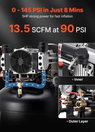 80 Gallons Heavy-Duty Air Compressor, 5HP 13.5SCFM at 90PSI Air Compressors Max 145PSI Pressure, Oil-Free Compressor Tank for Industrial Manufacturing, Large Workshops (230V 3-Phase, No Plug)
