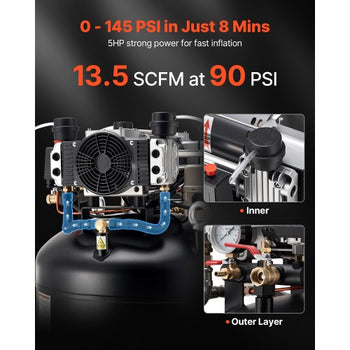 80 Gallons Heavy-Duty Air Compressor, 5HP 13.5SCFM at 90PSI Air Compressors Max 145PSI Pressure, Oil-Free Compressor Tank for Industrial Manufacturing, Large Workshops (230V 3-Phase, No Plug)