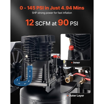 60 Gallons Heavy-Duty Air Compressor, 5HP 12 SCFM at 90PSI Air Compressors Max 145PSI Pressure, Oil-Lubricated Compressor Tank for Industrial Manufacturing, Large Workshops (230V 60Hz, No-Plug)