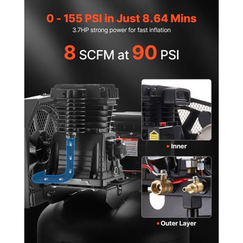 60 Gallons Heavy-Duty Air Compressor, 3.7HP 8 SCFM at 90PSI Air Compressors Max 155PSI Pressure, Oil-Lubricated Compressor Tank for Industrial Manufacturing, Large Workshops (230V 60Hz, No-Plug)
