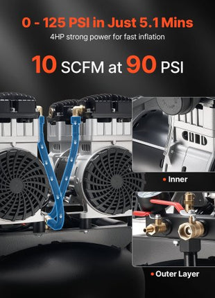 60 Gallons Heavy-Duty Air Compressor, 4HP 10SCFM at 90PSI Air Compressors with Max 125PSI Pressure, Oil-Free Compressor Tank for Industrial Manufacturing, Large Workshops (230V 60Hz, No-Plug)