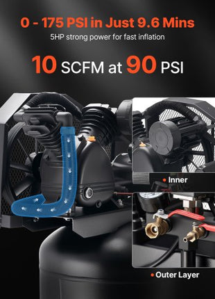 80 Gallons Heavy-Duty Air Compressor, 5HP 10 SCFM at 90PSI Air Compressors Max 175PSI Pressure, Oil-Lubricated Compressor Tank for Industrial Manufacturing, Large Workshops (230V 60Hz, No-Plug)