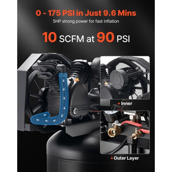 80 Gallons Heavy-Duty Air Compressor, 5HP 10 SCFM at 90PSI Air Compressors Max 175PSI Pressure, Oil-Lubricated Compressor Tank for Industrial Manufacturing, Large Workshops (230V 60Hz, No-Plug)