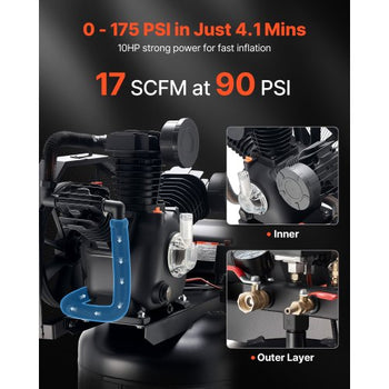 80 Gallons Heavy-Duty Air Compressor, 10HP 17 SCFM at 90PSI Air Compressors Max 175PSI, Oil-Lubricated Compressor Tank for Industrial Manufacturing, Large Workshops (230V 3-Phase, No Plug)
