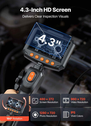 Articulating Endoscope with Light, Two-Way Articulated Borescope Camera, 4.3" HD IPS Screen, 1280 x 720 Lens, 8X Zoom, IP67 Waterproof Inspection Snake Camera for Auto, Plumbing (4.9FT Cable)