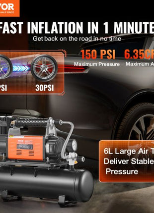 12V Heavy Duty Air Compressor with 6L Tank Kit, 6.35 CFM Portable Tire Inflator, 150PSI Offroad Air Compressor with Digital Pressure Gauge Tire Inflator for Trucks Car SUV 4 x 4 Vehicle RV