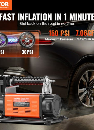12V Portable Tire Inflator, 7.06CFM Heavy Duty Air Compressor, 150PSI Offroad Air Pump with Adapters for Car SUV RV Truck - Include 6.5FT Power Cord, 26FT Air Hose with Pressure Gauge, Carry Bag