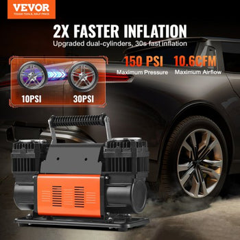 10.6 CFM Heavy Duty Air Compressor, 30s Fast Inflation | Dual-Cylinder Portable Tire Inflator, 12V 150PSI Offroad Air Pump with Adapters for Trucks Car SUV 4 x 4 Vehicle RV