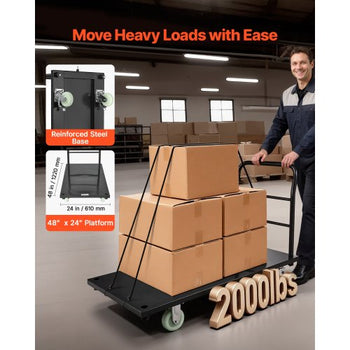 Heavy Duty Platform Truck, 2000 lbs Capacity, Industrial Steel Flatbed Cart with Swivel Wheels and Handle, Platform Hand Push Truck Dolly, Easy Storage, for Luggage Moving, 48 x 24 x 32.1 in