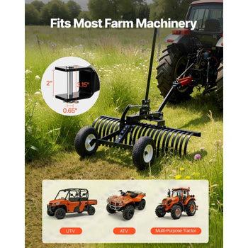 48in Tow Behind Landscape Rake, Pull Behind Lawn Rock Rakes for ATV Mower Tractors, 24 Durable Steel Tines, Adjustable Height & Angle, Heavy Duty Dethatcher Rake for Leaves Debris
