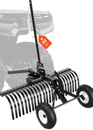 48in Tow Behind Landscape Rake, Pull Behind Lawn Rock Rakes for ATV Mower Tractors, 24 Durable Steel Tines, Adjustable Height & Angle, Heavy Duty Dethatcher Rake for Leaves Debris