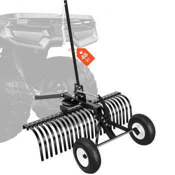 48in Tow Behind Landscape Rake, Pull Behind Lawn Rock Rakes for ATV Mower Tractors, 24 Durable Steel Tines, Adjustable Height & Angle, Heavy Duty Dethatcher Rake for Leaves Debris