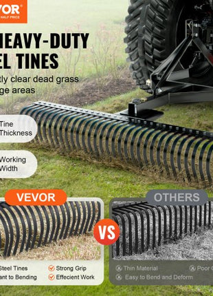 Pull-Behind Thatch Remover, 60" Width, Equipped with 32 Durable Steel Prongs, Tractor-Compatible 3-Point Hitch Garden Rake, Ideal for Soil Preparation and Grass Maintenance