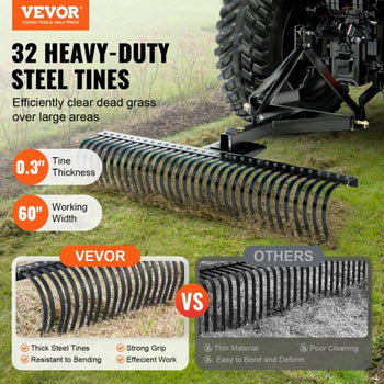 Pull-Behind Thatch Remover, 60" Width, Equipped with 32 Durable Steel Prongs, Tractor-Compatible 3-Point Hitch Garden Rake, Ideal for Soil Preparation and Grass Maintenance